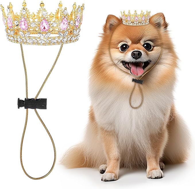 Abbylike Pet Rhinestone King Crown, Queen Crown for Birthday New Year Costume for Small Dog Cat Cosplay Party Accessories Adoption Celebration Wedding Birthday Photos Prop Costume(Pink,Medium)