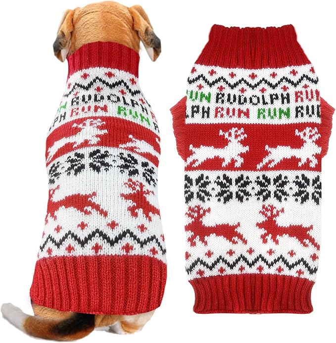 Dog Christmas Sweater Xmas Pet Clothes Cute Reindeer Christmas Dog Costume Outfits Holiday Knitwear Puppy Cat Jumpers New Year Gifts for Small Medium Large Dogs(Red Runing Deer,XL)
