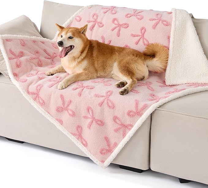 LE SURE Waterproof Puppy Blanket for Large Dogs - Washable Double Sided Dog Blankets with Warm Jacquard Shag and Soft Sherpa Fleece, Pet Cat Blanket for Couch Protection, Bow Design，Pink Taffy