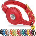 OOPSDOGGY Leather AirTag Cat Collar with Bell - Non Breakaway Kitten Collar with Apple Air Tag Holder - Lightweight GPS Pet Collars for Girl Boy Cats, Small Dogs, Puppies (Red)
