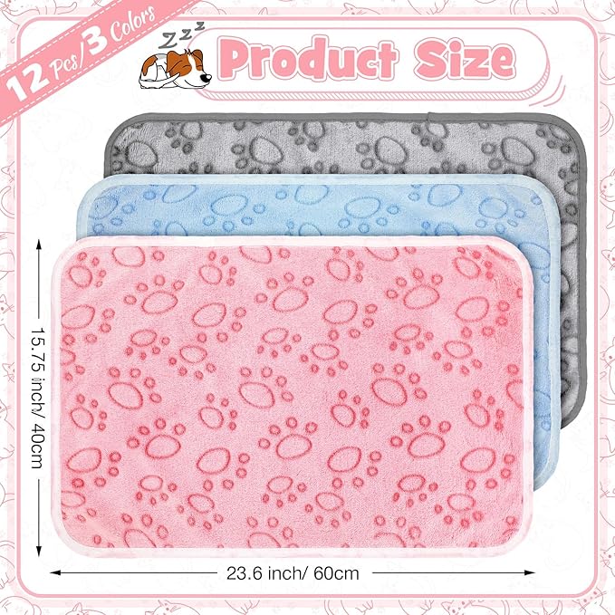 Tegeme 12 Pcs Pet Blankets Soft Fluffy Fleece Dog Cat Warm Paw Print Pattern Blankets Flannel Throw for Pets Dog Puppy Cat(23 x 16 Inch,Multicolor)