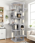 Globlazer Heavy Duty Cat Tree, 74in Sturdy Cat Tower for Large Cats Adult, Big Cat Tree with 7 Sisal Scratching Posts, 2 Padded Condos, 2 Dual-Ear Hanging Baskets, Enlarged Top Perch, S74, Light Grey