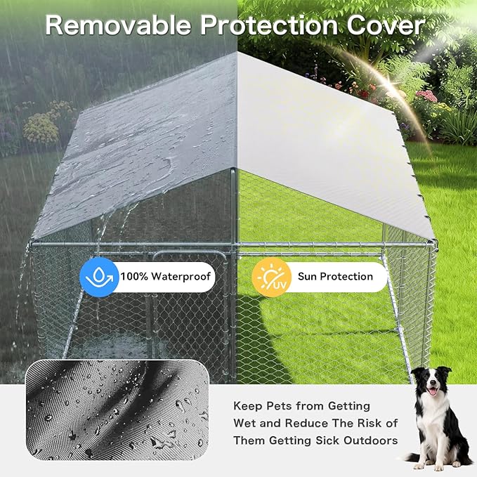 15.3'x15.3'Large Outdoor Dog Kennel Outside– Heavy-Duty Dog Enclosure with Wire Mesh Fence, Lock & Waterproof Cover for Large Dogs