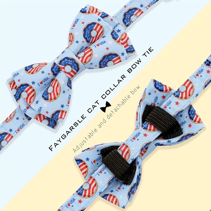 Faygarsle 2 Pack Patriotic Cat Collar Set with Bandana and Bow Tie, USA Flag Donuts Pattern, Light Blue