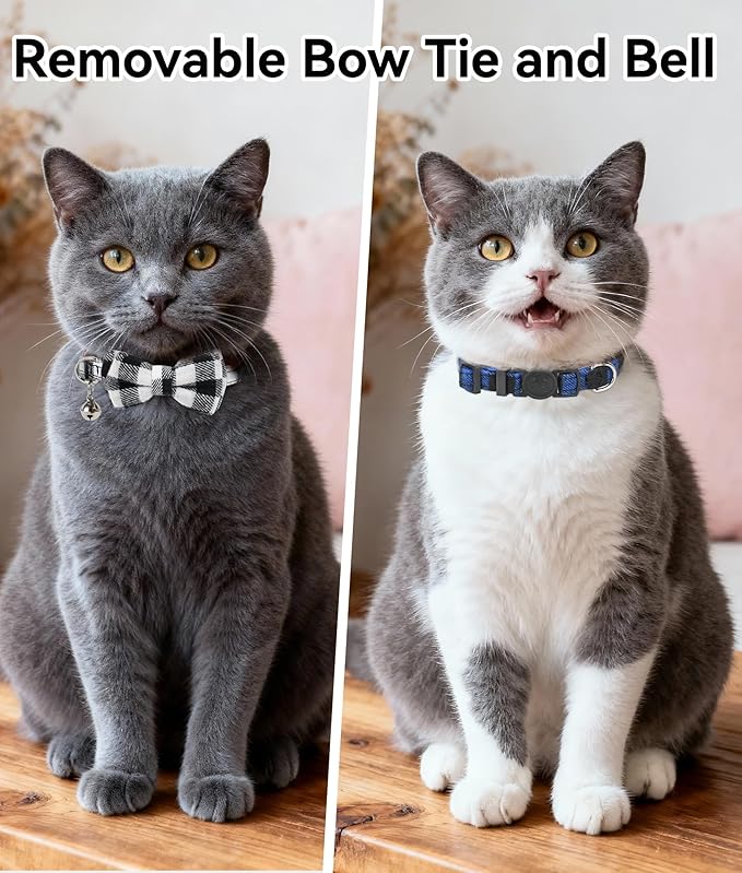 Joytale Upgraded Cat Collar with Bells, Breakaway Cat Collars with Bow Tie, 2 Pack Girl Boy Safety Plaid Kitten Collars, Black+Blue