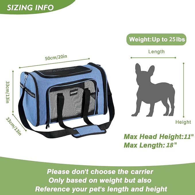 Soundy Large Cat Carrier Dog Carrier Under 25 Lbs,Collapsible Ventilated Portable Pet Bag with Soft Sided Breathable Mesh for Long Car Trips Maxi Load 2 Kittens or Small, Medium Dog (Large Blue)