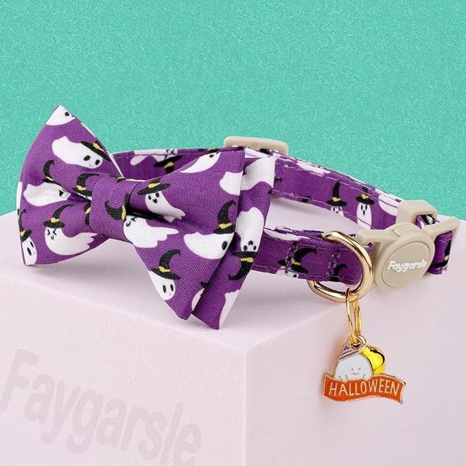 Faygarsle 2 Pack Halloween Cat Collar with Bowtie and Bell, Breakaway Safety Buckle, Ghost Bats Pattern, Orange and Purple