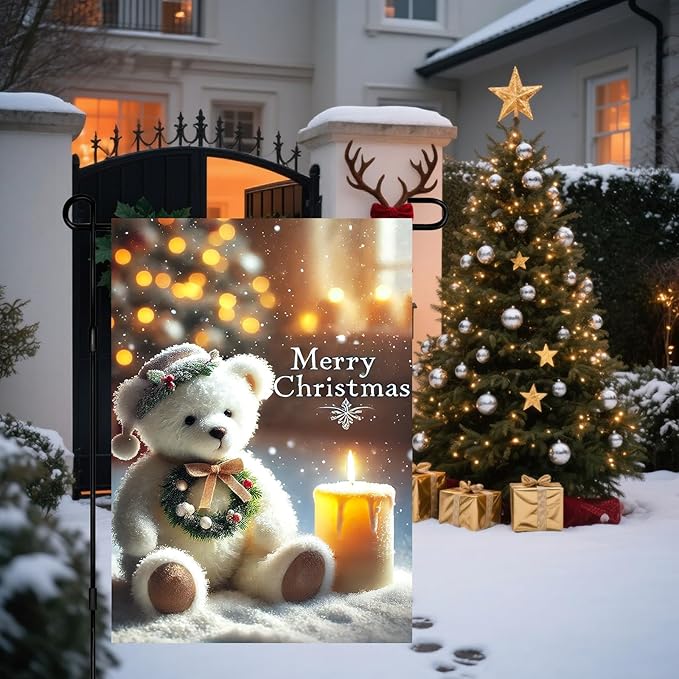 Christmas Garden Flag 12x18 Inch Merry Christmas Bear Flag Double Sided Holiday Banner Outdoor Winter Yard Decoration for Porch Lawn Home
