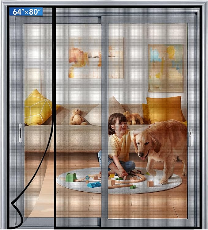 Magnetic Screen Door Left Right Side Opening Upgraded PET Mesh Greater Than Fiberglass and Polyester,Keep Bugs Out,Pet & Kid Friendly,Suitable for Sliding Doors,Patio French Doors-64" X 80"