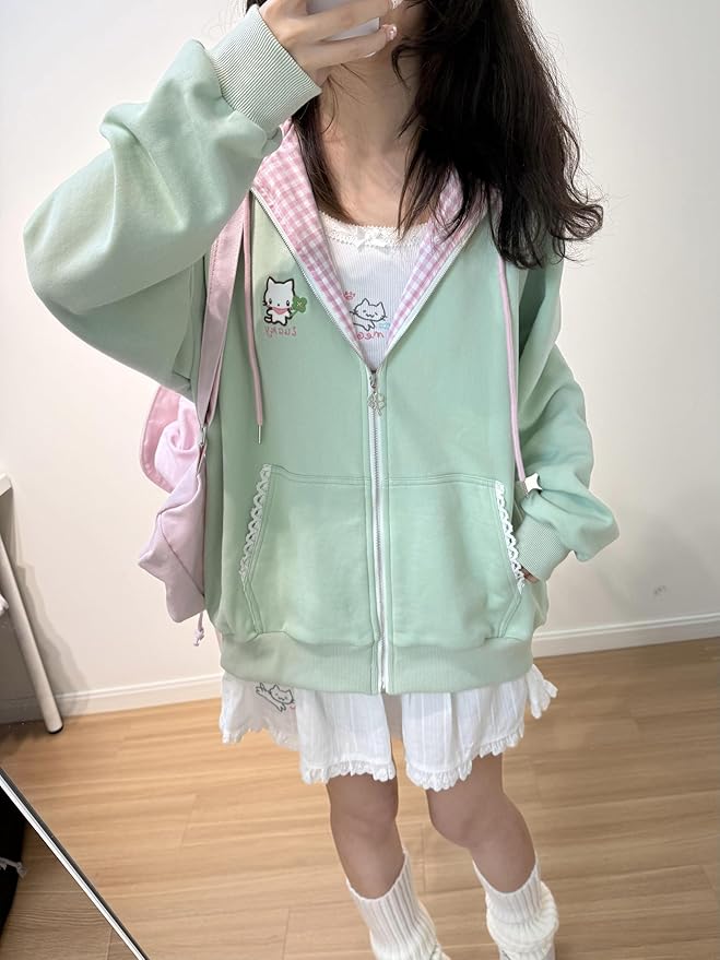 Womens Y2K Zip Up Cute Graphic Hoodies Cat Ears Casual Cartoon Harajuku Kawaii Clothes Oversize Streetwear Jacket