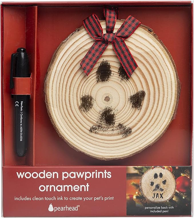 Pearhead Rustic Wood Paw Print Christmas Tree Ornament, Dog or Cat Pawprint Making Kit Included, DIY Personalized Pet Keepsake Ornament, Buffalo Check Hanging Ribbon
