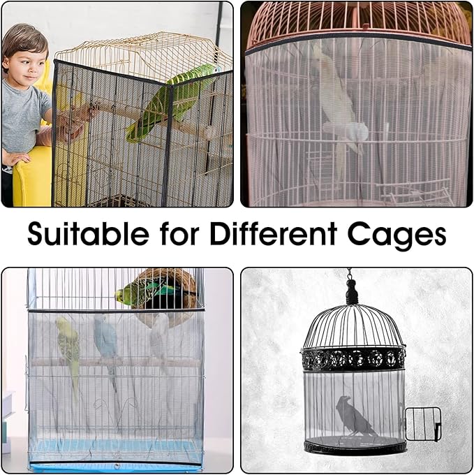 2PCS Bird Cage Seed Catcher, Nylon Adjustable Elastic Bird Cage Net Cover Skirt Guard, Universal Birdcage Accessories for Parrot Canary Parakeet Cockatiel Budgie Quail (Black, White)