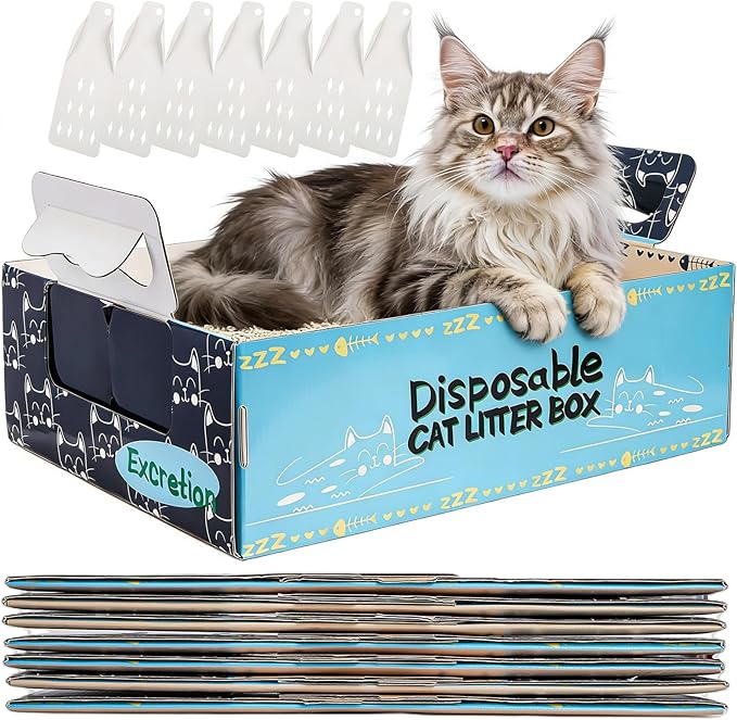Hiceeden 8 Pcs Disposable Litter Box for Cats, 16.9" x 12.4" x 5.4" Travel Cat Litter Boxes with Disposable Scoops, Portable Cardboard Litter Box with Double Waterproof Coating, Blue
