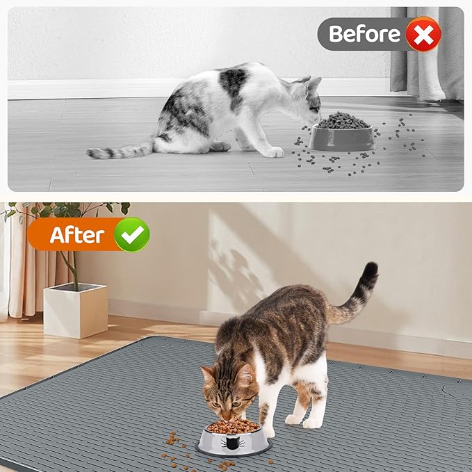Cat Food Mat, 50" x 35" Extra Large Silicone Pet Feeding Mat with Raised Edge Pet Placemat for Food and Water Bowl Non-Slip, Easy to Clean, Floor Protection (Dark Grey)