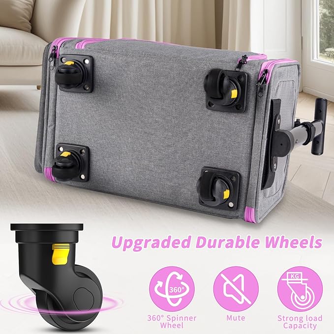 Rolling Pet Carrier with Detachable Wheels - 18x11x11 TSA Airline Approved for Southwest Delta United American, Soft Sided Expandable Travel Bag for Small Dogs & Cats up to 15Lbs, Fits Under Seat