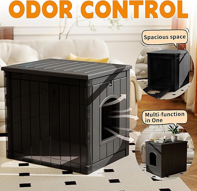 Cat Litter Box Enclosure, Multi-Functional Hidden Cat Litter Box Furniture & Indoor Outdoor Cat House with Side Table Design, Openable Front Door & Raised Floor, Easy to Clean & Assemble, Black