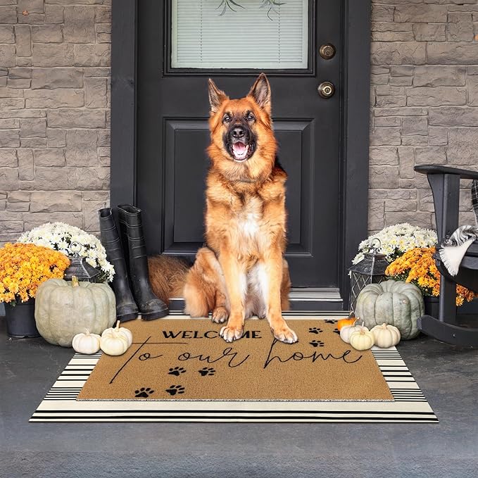 Tinideya 2 Pcs Pet Theme Door Mat Paw Welcome Non Slip Coir Mats Dog Cat Floor Layering Doormats Seasonal for Front Porch Entryway Decor(PET)