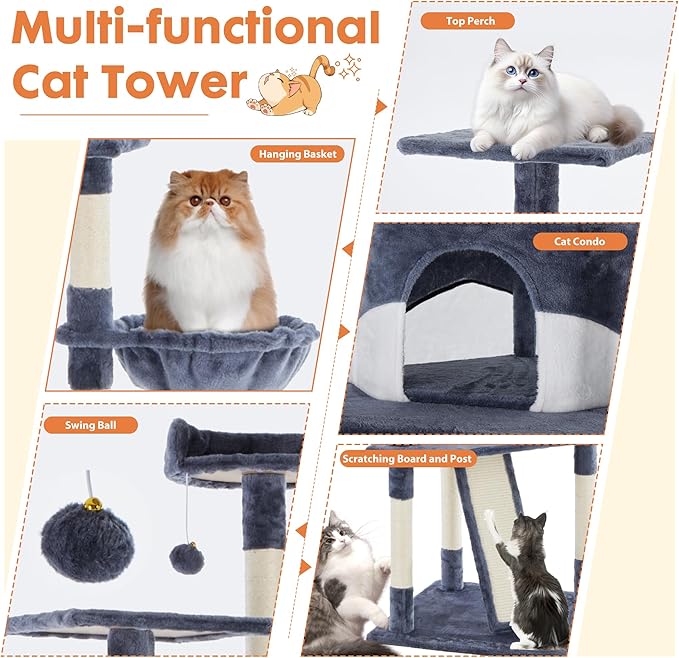 DUMOS Tall 79in Cat Tree Tower, Large Multi Level Cats Climbing Tower with Condo, Natural Sisal Scratching Posts, Extended Platform, Basket, Pet Tree House for Indoor Cats Play, Dark Grey