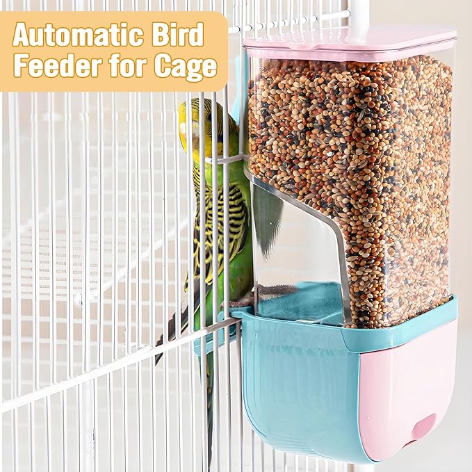 BNOSDM No Mess Bird Cage Feeders Automatic Bird Feeder Parrot Cage Accessories Transparent Seed Food Container with Perch for Finches, Parakeets, Budgies, Lovebirds, Cockatoos, Canaries (Blue)
