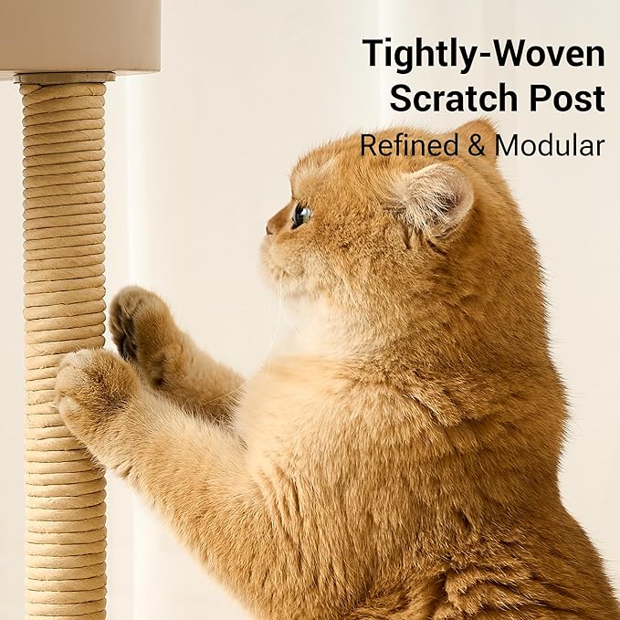 Modern Cat Tree Tower for Indoor Cats up to 12lbs, 34" H Furniture-Style Metal Cat Tower with Scratching Posts, Wood Cat Bed with Soft Plush Cushion Washable, Acrylic Capsule, Cream Beige