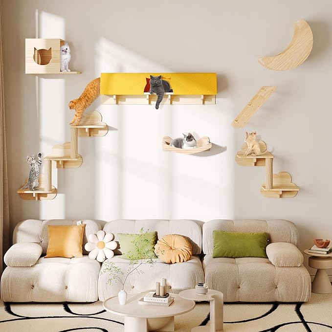 13-in-1 Cat Wall Shelves and Perches, Floating Cat Shelves, Solid Wood Wall Mounted Cat Furniture, Cat Climbing Shelves with Moon Hammock, House, Wall Ladder, Scratching Post and Cat Tunnel