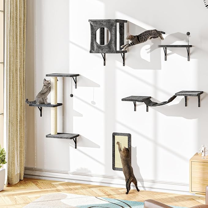 10-in-1 Cat Wall Shelves, Wooden Climbing Wall with Scratching Post, Wall Mounted Cat Furniture for Climbers, Space-Saving Cat Wall for Play & Rest, Drywall & Solid Walls