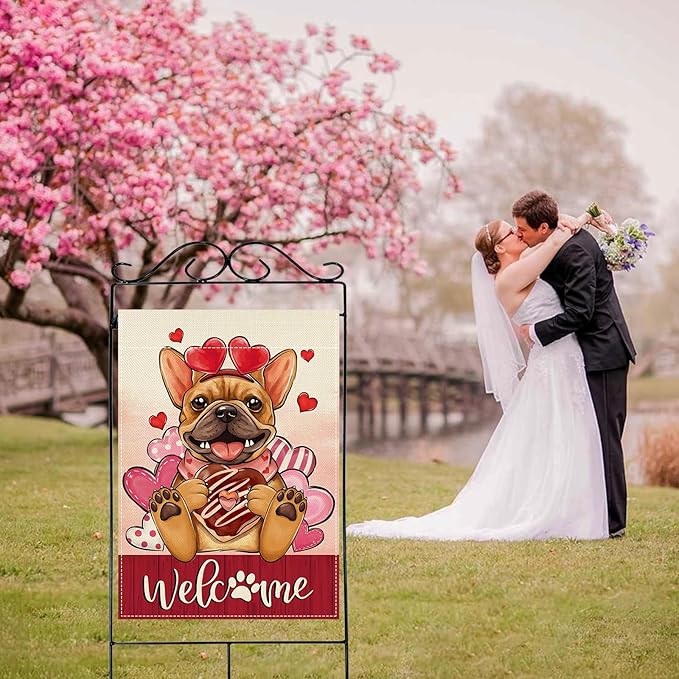 Artofy Welcome Valentines Day French Bulldog Dog Large Decorative House Flag, Red Pink Heart Yard Garden Outside Decor Pet Lover Gift, Anniversary Wedding Outdoor Home Decoration Double Sided 28 x 40