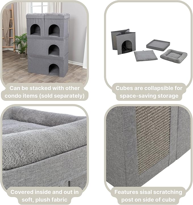 Trixie Crazy Cube Stackable Cat Condo with Sisal Scratching Surface & Reversible Plush Cushion – Tool-Free Assembly, Collapsible Modular Indoor Cat Furniture, Sturdy MDF Cave, Supports up to 35 lbs