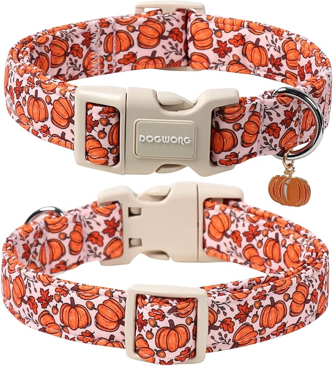 DOGWONG Pumpkin Dog Collar- Cute Pink Fall Dog Collars Adjustable Maple Fall Dog Collar for Small Medium Large Dogs L