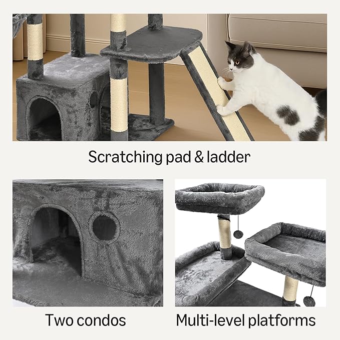 Amazon Basics Large Cat Tree Tower, Multi-Level Activity Center with 2 Large Condos, Multiple Sisal Scratching Posts and Hanging Pompoms, Gray, 68 Inches
