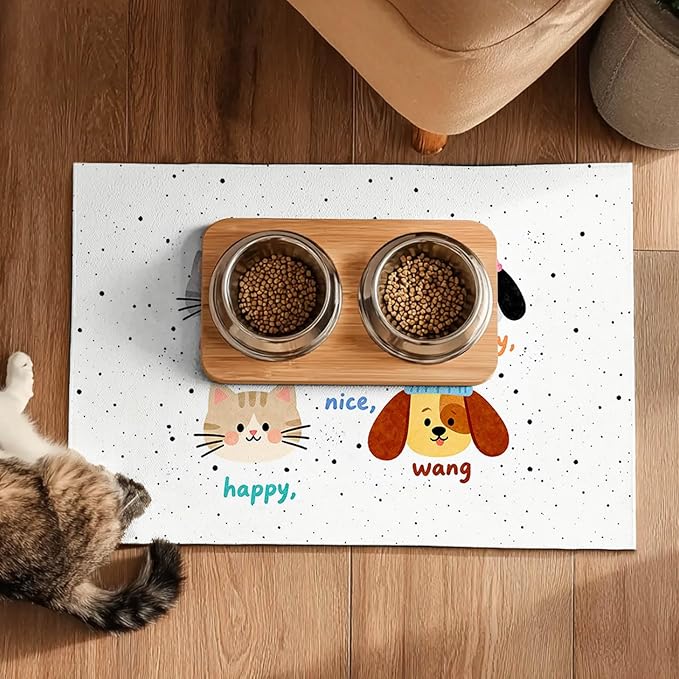 Pet Feeding Mat 24x16 inch Cat and Dog Print Meal Pad Non Slip Floor Mat for Food and Water Indoor Feeding Station Cute Pet Bowl Placemat for Small Cats and Dogs Kitchen Use