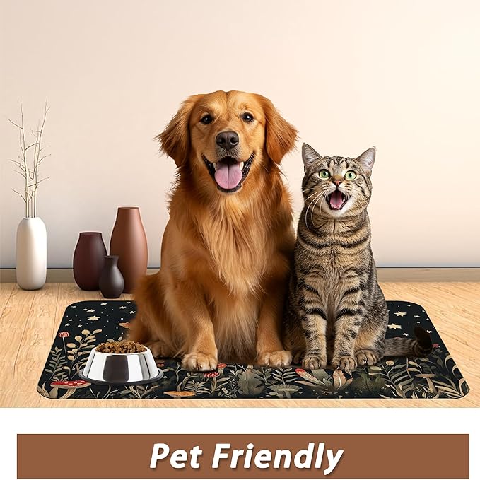 Red Mushrooms Pet Feeding Mat,Wildflower Plant Butterfly Absorbent Quick-Dry Cat Dog Food and Water Bowl Mats,Non-Slip Rubber Backing Mat,Cat Dog Accessories Supplies 12"x20"