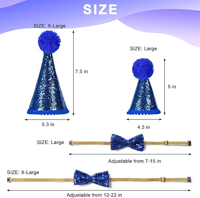 Dog Cat Birthday Party Supplies, Dog Cat Birthday Decorations Hat Bandana Bow Tie Collar Set with 0-8 Number for Large Medium Small Pet (Large, Blue)