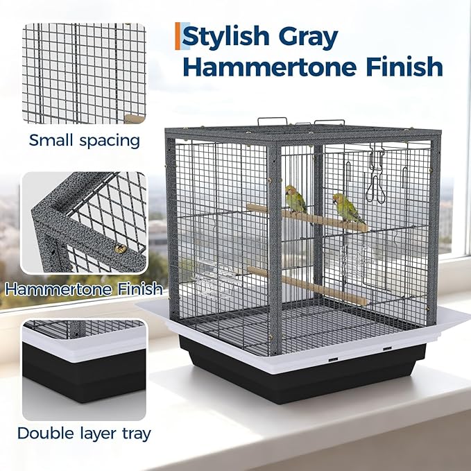 GarveeHome Small Bird Cage with Wheels, Parakeet Cage, Bird Carrier for Parakeets, Canaries, Lovebirds, Small Quaker, Cockatiels, Budgie, Green Cheek (20in Hammertone Black)