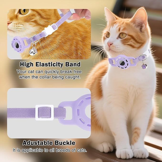 Airtag Cat Collar Breakaway, Stretchy Cat Tracker Collar with Apple Air Tag Holder for Boy Girl Cats, Elastic GPS Tracking Collars for Kittens and Puppies, Adjustable 9"-12" Purple