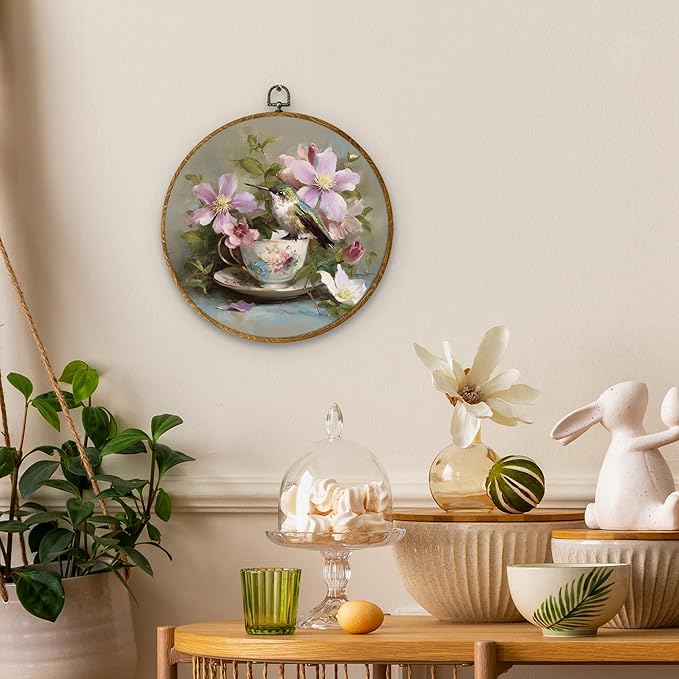DILSJ Vintage Hummingbird Round Oval Wall Art Decor, Country Flower Bird Canvas Wall Art Framed, Watercolor Hummingbird Hanging Decorations for Home Bedroom Living Room Decor, 10x10 Inch
