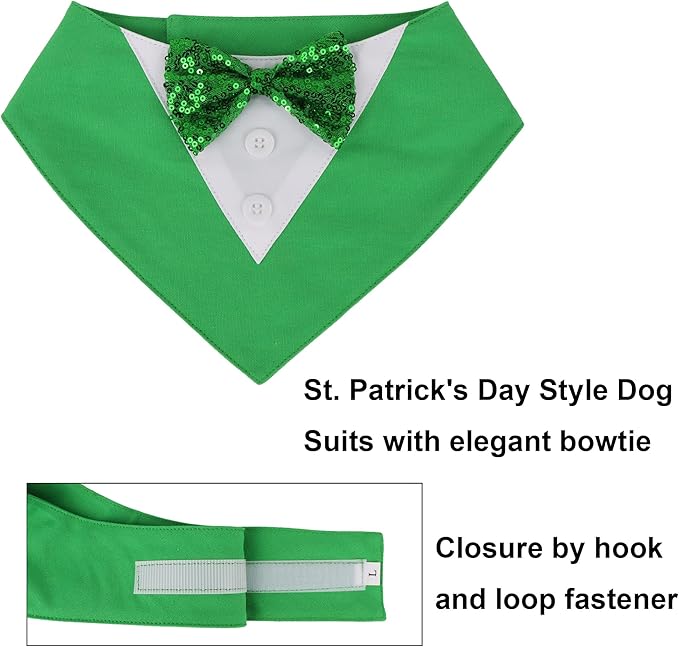 ADOGGYGO St.Patrick's Day Dog Tuxedo Bandana, Green Pet Tux Collar with Bowtie Adjustable St Patricks Costume for X-Small Dogs Pets (XS)