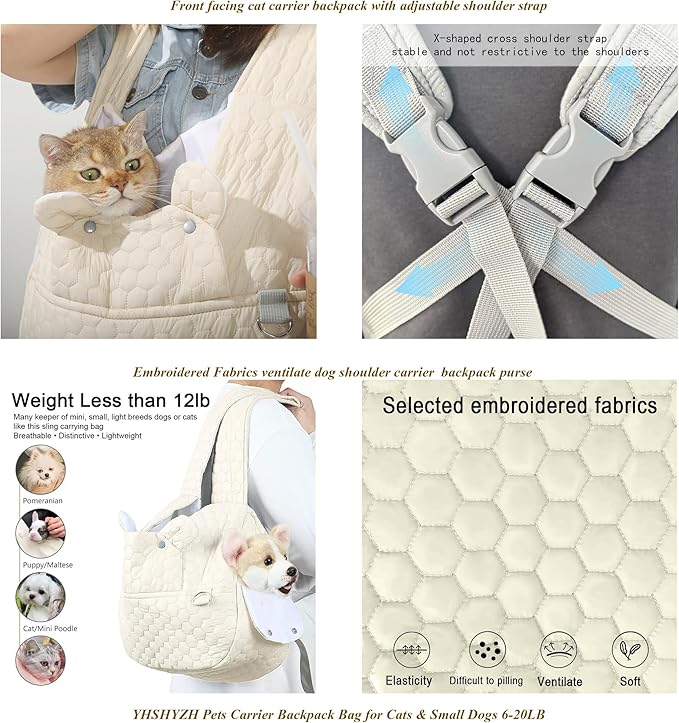 Dog Backpack Carrier for Dogs, Adjustable Strap Cat Carrier Sling, Hands-Free Front Facing Pets Sling Chest, Fit 5-15 Lbs Pets Carrier Backpack for Camping Hiking Traveling Cycling(Light Gray)