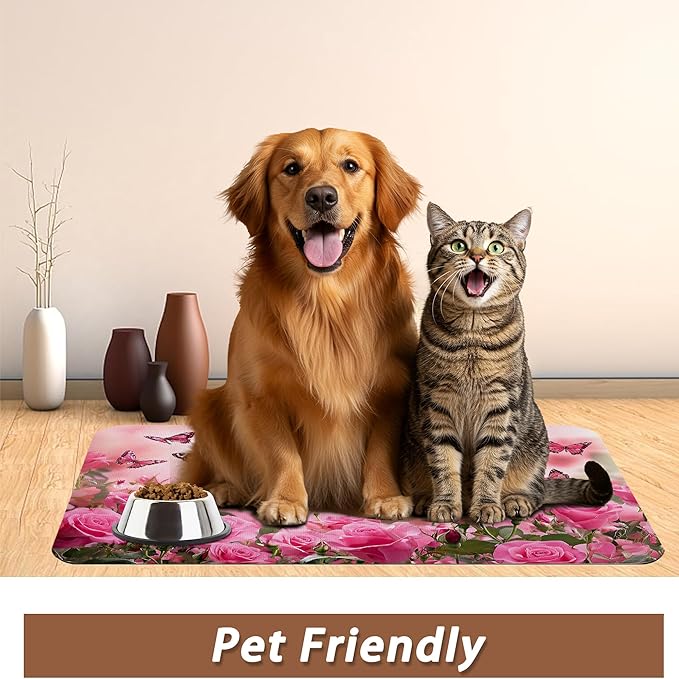 Rose Pink Dog Cat Food Mat,Butterfly Absorbent Pet Feeding Mat for Food and Water,Non-Slip Dog Bowl Mats Floor Protector 12"x20"