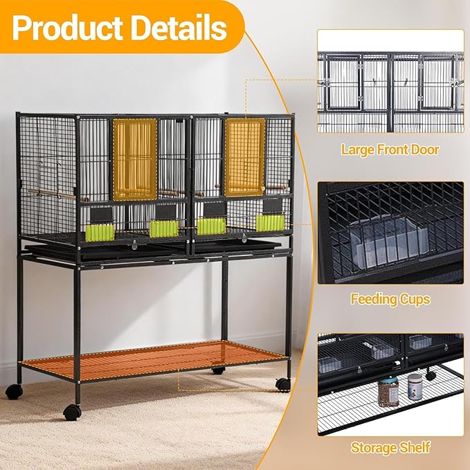 43 Inch Bird Cage with Wooden Perches, Standing Wrought Iron Birdcage with Wheels, Large Parrot Cage Bird Cages with Slide-Out Tray Water Bottle Feeder for Parakeets,Cockatiel, Canary,Pigeons