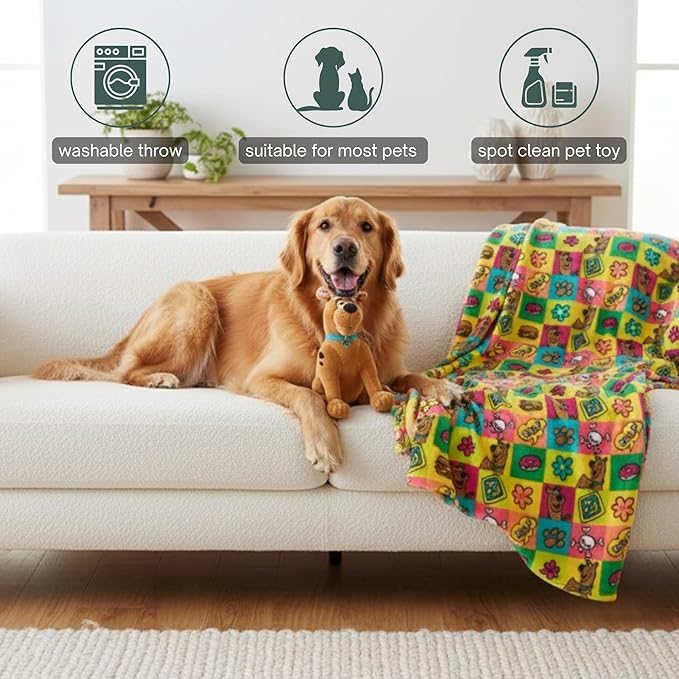 Scooby-Doo Pet Throw & Pet Toy Pillow Set - 40in x 50in Super Soft Cozy Throw Blanket for Dogs & Cats - Couch/Bed/Car, (Officially Licensed Product) by Franco Pet