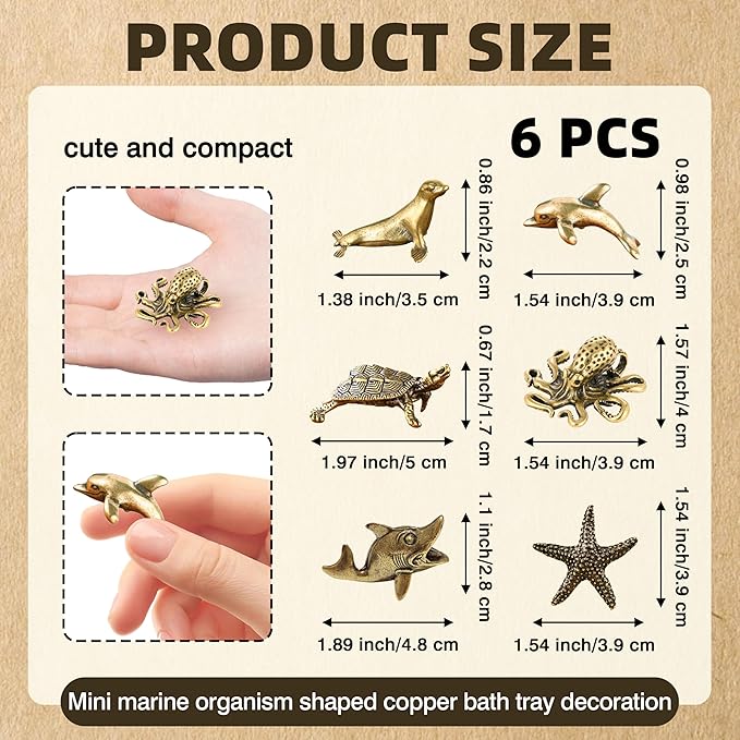 6 Pcs Copper Bath Disks Ornaments Mini Ocean Animal Shape– Starfish Turtle Dolphin Shark Sea Lion Octopus, Unique Copper Birdbath Purification Cleaner, Universal Fit for Outdoor Birdbaths