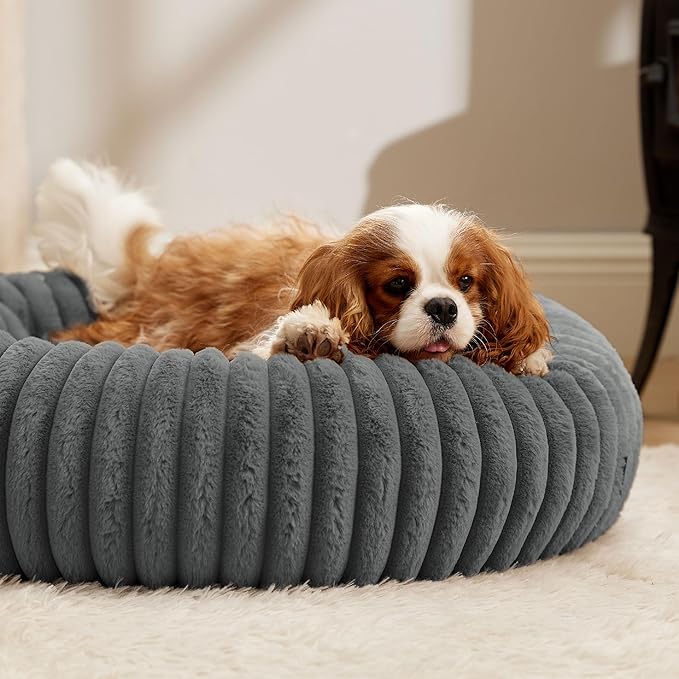 Bedsure ComfyFleece™ Donut Medium Dog Bed - Washable Faux Fur with Corduroy Fleece & Anti Slip Bottom, Round Pet Bed with Removable Cover, Warm Grey, 30x30x8 inches