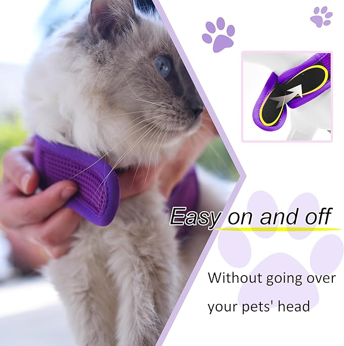 Cat Harness and Leash for Walking Escape Proof Breathable Mesh Fabric, Purple, Large, Adjustable Cat Walking Jackets with DIY Beads, Padded Stylish Cat Vest