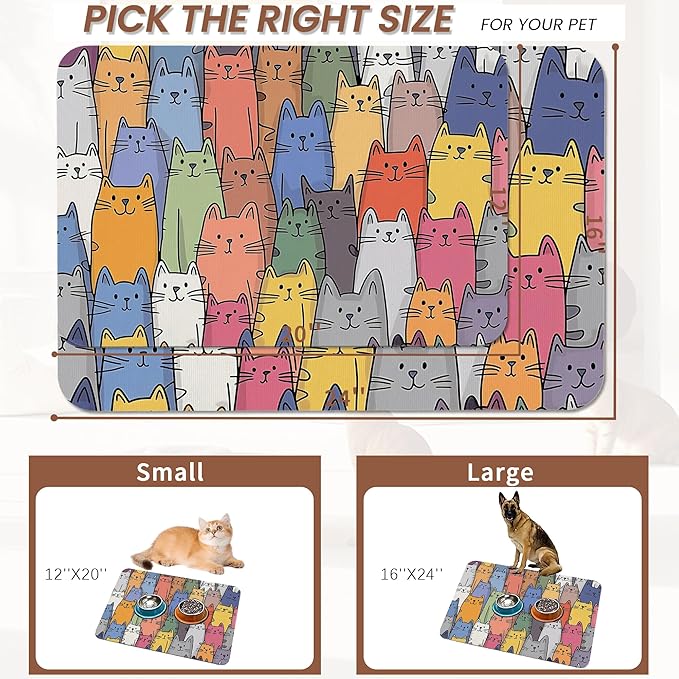 Funny Cats Family Dog Cat Food Mat,Absorbent Pet Feeding Mat for Food and Water,Non-Slip Dog Bowl Mats Floor Protector 16"x24"