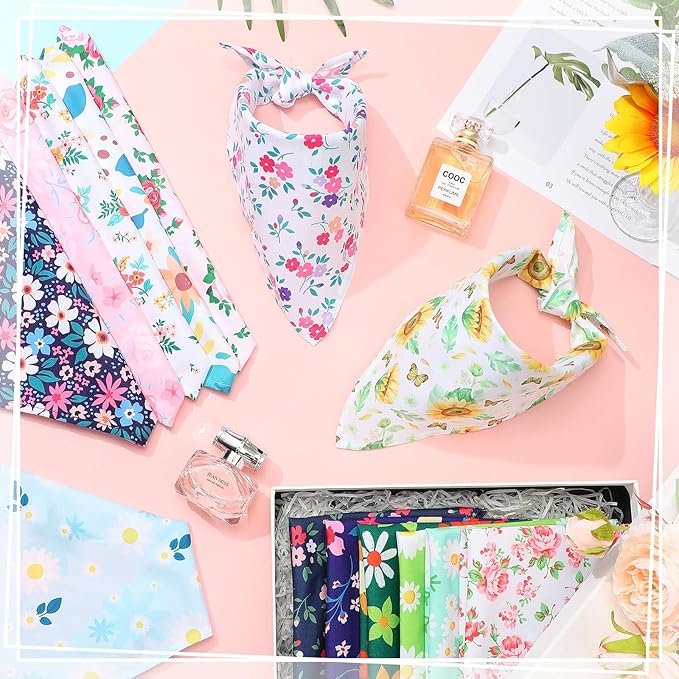 Silkfly 50 Pieces Spring Bandanas for Dog Bulk Adjustable Spring Triangle Scarf with Flower Floral Dog Bandanas Bibs Washable Pet Kerchief for Small Medium Large Pet Cat Costume Accessories Decoration