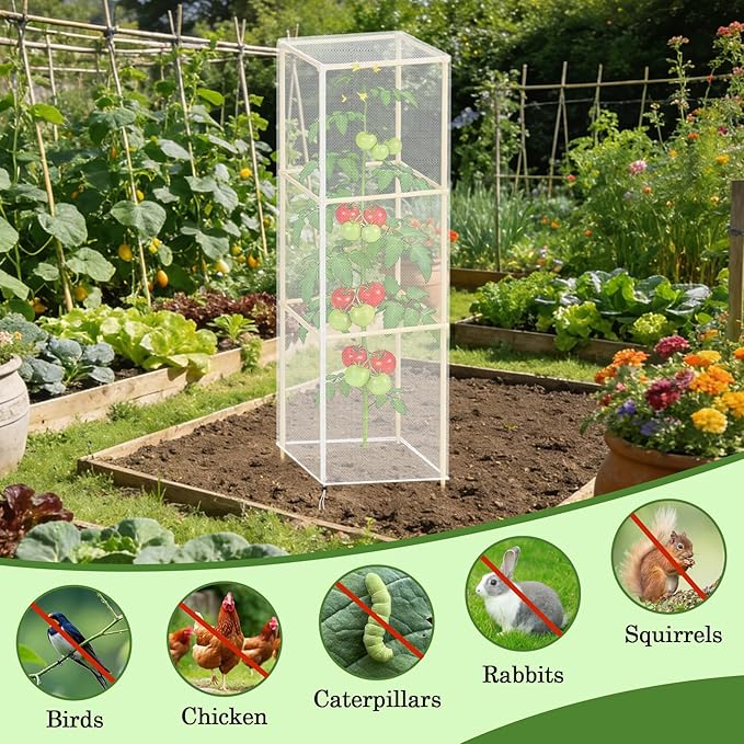 Klmnop 3 Pcs Tomato Cage Cover, Bird Netting for Square Tomato Cage, 15.7" x 15.7" x 49" Plant Cover with Zipper & Drawstring, Garden Bird Barrier Protection for Tomato Plants(Cover Only, White)