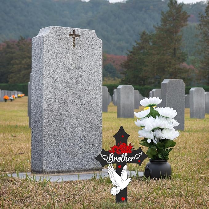 Cross Cemetery Decorations for Grave, Metal Sympathy Memorial Stakes for Loss of Brother Outdoors Yard Garden, Grave Markers for Cemetery for Brother (12 X 7.5 Inches)