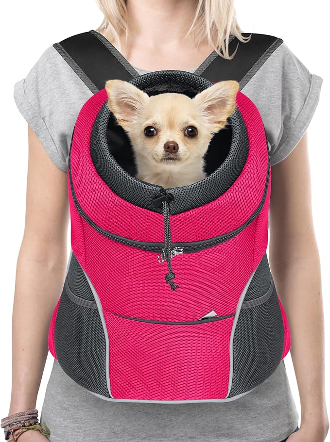 YUDODO Dog Front Carrier Backpack, Adjustable Breathable Pet Carrier for Small Dogs, Ventilated Puppy Back Pack with Safety Belt, Lightweight Doggy Backpack for Hiking Outdoor (Rose, L)