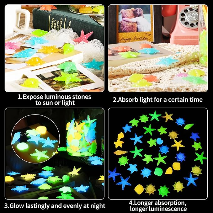 OSOPOLA 100 PCS Glow in The Dark Rocks - Mixed Color Luminous Stones Starfish-Shaped Sea Aquarium Glow Stones Fish Tank Rocks Outdoor Decor Garden Yard Walkway Pathway FD05MX100A